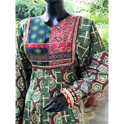 Green-Mud Brown Gold Block Cotton Designer Anarkali