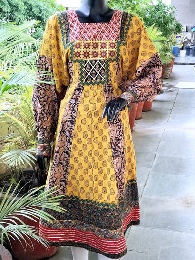 Yellow-Black Bagh-Kalamkari Cotton Designer Anarkali
