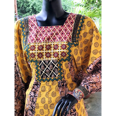 Yellow-Black Bagh-Kalamkari Cotton Designer Anarkali