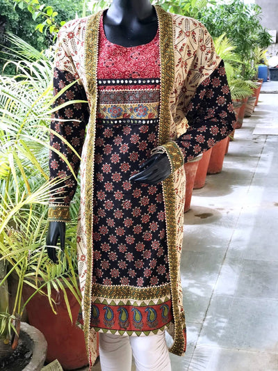 Cream-Black Faux Jacket Ajrakh Cotton Designer Kurti