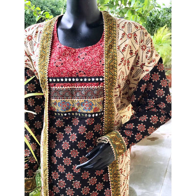 Cream-Black Faux Jacket Ajrakh Cotton Designer Kurti