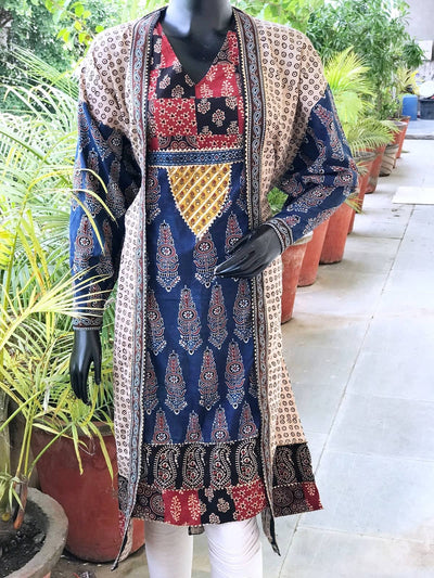 Cream-Indigo Faux Jacket Ajrakh Cotton Designer Kurti