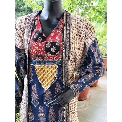 Cream-Indigo Faux Jacket Ajrakh Cotton Designer Kurti