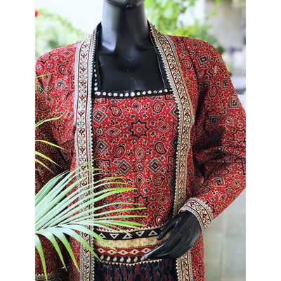 Madder Faux Jacket Ajrakh Cotton Designer Kurti
