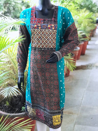 Brown-Sea Green Ajrakh Bandhani Cotton Designer Kurti