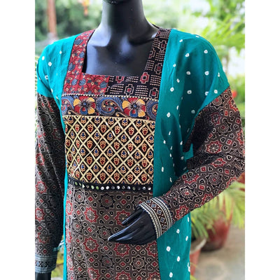 Brown-Sea Green Ajrakh Bandhani Cotton Designer Kurti