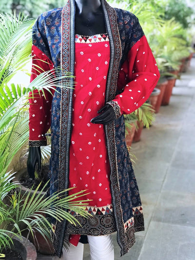Indigo-Red Faux Jacket Ajrakh Bandhani Cotton Designer Kurti