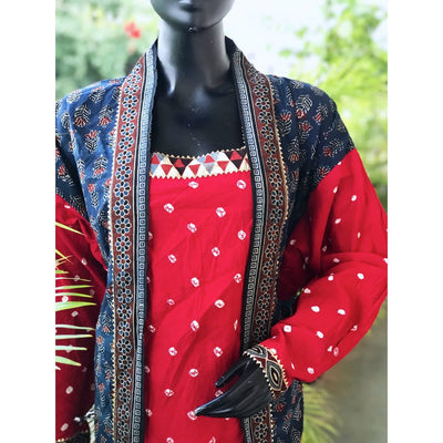 Indigo-Red Faux Jacket Ajrakh Bandhani Cotton Designer Kurti