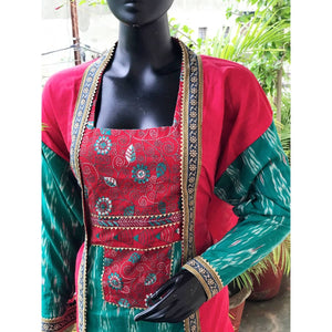 Red-Sea Green Ikat-Kantha Patchwork Designer Kurti