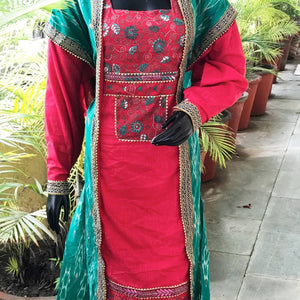 Sea Green-Red Ikat-Kantha Patchwork Designer Kurti