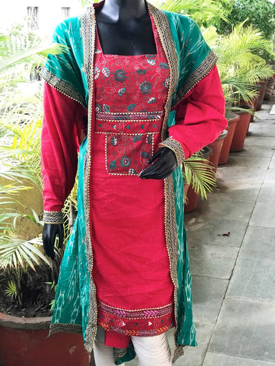 Sea Green-Red Ikat-Kantha Patchwork Designer Kurti