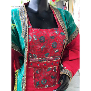 Sea Green-Red Ikat-Kantha Patchwork Designer Kurti