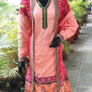Red-Peach Ikat-Kantha Patchwork Designer Kurti