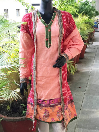 Red-Peach Ikat-Kantha Patchwork Designer Kurti