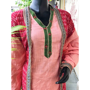 Red-Peach Ikat-Kantha Patchwork Designer Kurti
