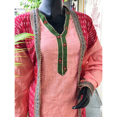 Red-Peach Ikat-Kantha Patchwork Designer Kurti