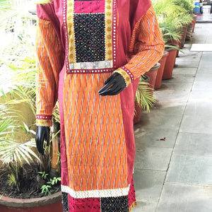 Maroon-Orange Ikat-Kantha Patchwork Designer Kurti