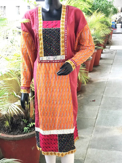 Maroon-Orange Ikat-Kantha Patchwork Designer Kurti