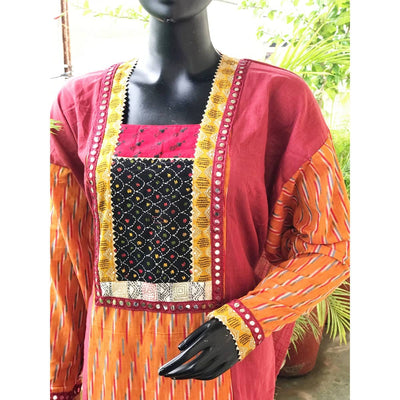 Maroon-Orange Ikat-Kantha Patchwork Designer Kurti