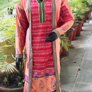 Peach-Red Ikat-Kantha Patchwork Designer Kurti