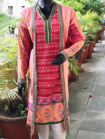 Peach-Red Ikat-Kantha Patchwork Designer Kurti