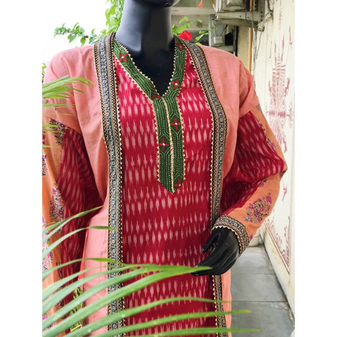 Peach-Red Ikat-Kantha Patchwork Designer Kurti - Custom Stitched Garment