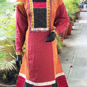 Orange-Maroon Ikat-Kantha Patchwork Designer Kurti