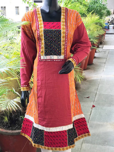 Orange-Maroon Ikat-Kantha Patchwork Designer Kurti