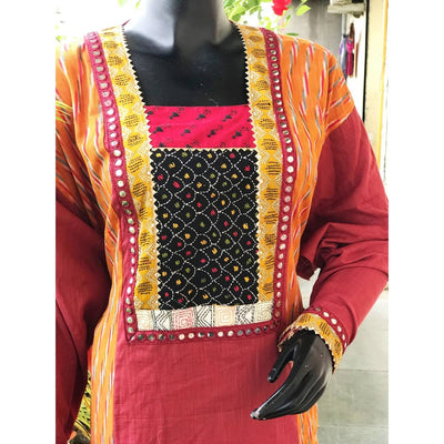 Orange-Maroon Ikat-Kantha Patchwork Designer Kurti