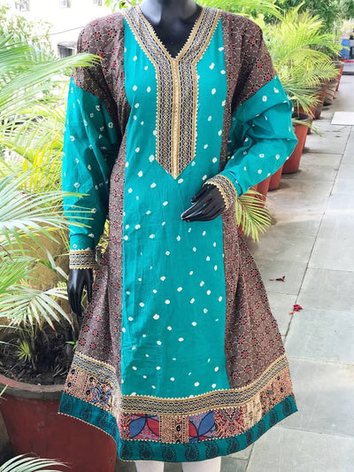 Brown-Sea Green Ajrakh Bandhani Cotton Designer Kurti