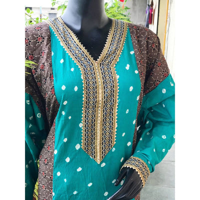 Brown-Sea Green Ajrakh Bandhani Cotton Designer Kurti