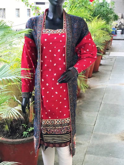 Indigo-Red Faux Jacket Ajrakh Bandhani Cotton Designer Kurti