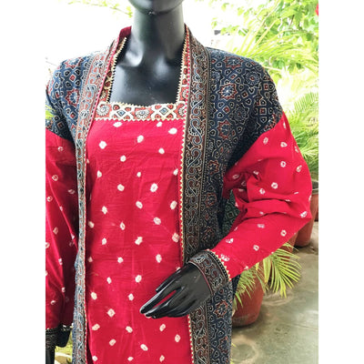 Indigo-Red Faux Jacket Ajrakh Bandhani Cotton Designer Kurti
