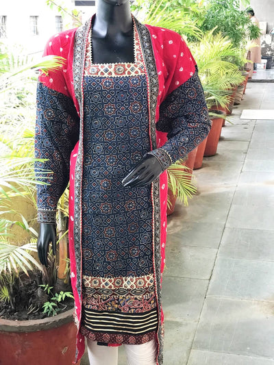 Indigo-Red Faux Jacket Ajrakh Bandhani Cotton Designer Kurti