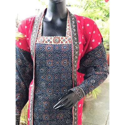 Indigo-Red Faux Jacket Ajrakh Bandhani Cotton Designer Kurti