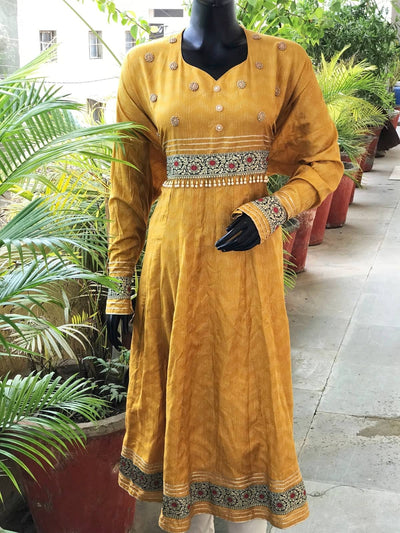 Yellow Bhagalpuri Cotton Silk Anarkali