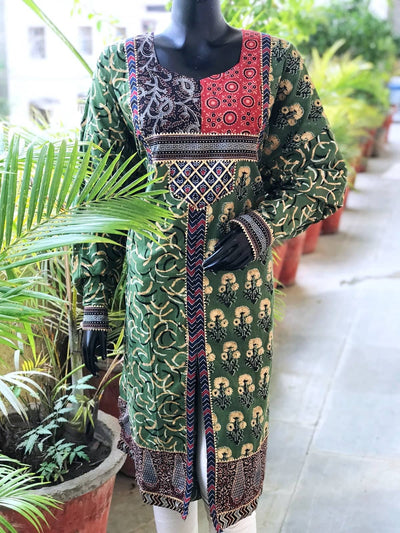 Green Gold Block Print Designer Kurti