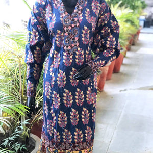 Blue Gold Block Print Designer Kurti