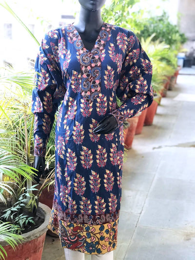 Blue Gold Block Print Designer Kurti