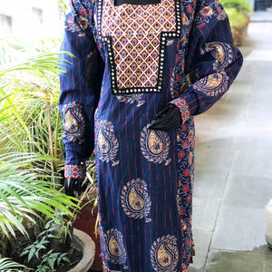 Blue Gold Block Print Designer Kurti