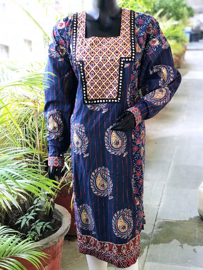Blue Gold Block Print Designer Kurti