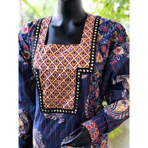 Blue Gold Block Print Designer Kurti