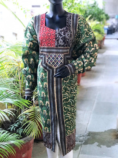 Green Gold Block Print Designer Kurti