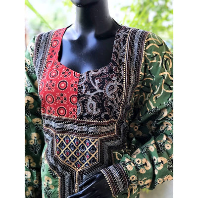 Green Gold Block Print Designer Kurti