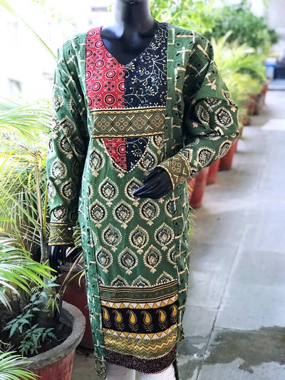 Green Gold Block Print Designer Kurti