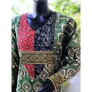 Green Gold Block Print Designer Kurti