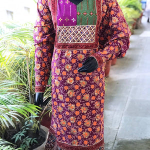 Purple Gold Block Print Designer Kurti with Kantha Patch