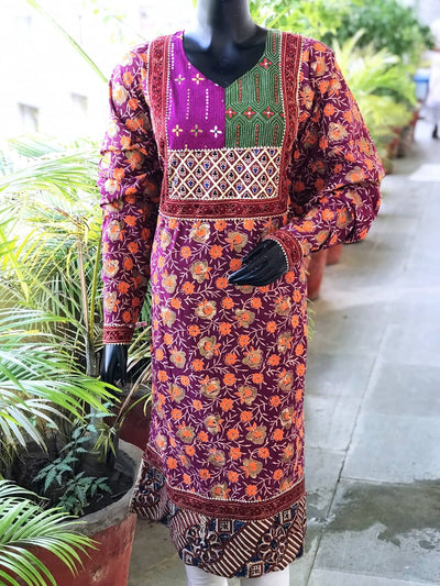 Purple Gold Block Print Designer Kurti with Kantha Patch