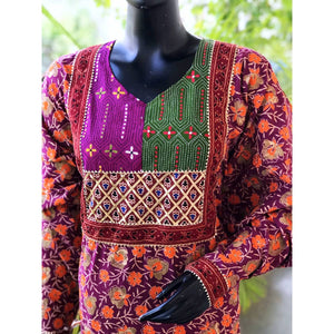 Purple Gold Block Print Designer Kurti with Kantha Patch