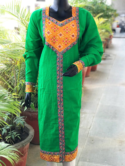 Green Patola Inspired Sanganeri Patchwork Kurti